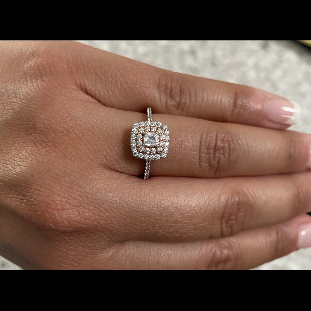 Sterling silver (925) and rose gold halo diamond ring